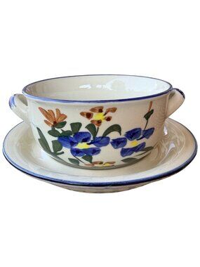 VINTAGE 8-pc. Hand-painted Cream Floral Design Stoneware Soup Bowls & Saucers